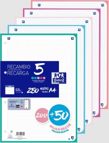Recambio 5 multicolor a4 200+50h 90g 4 taladros cu